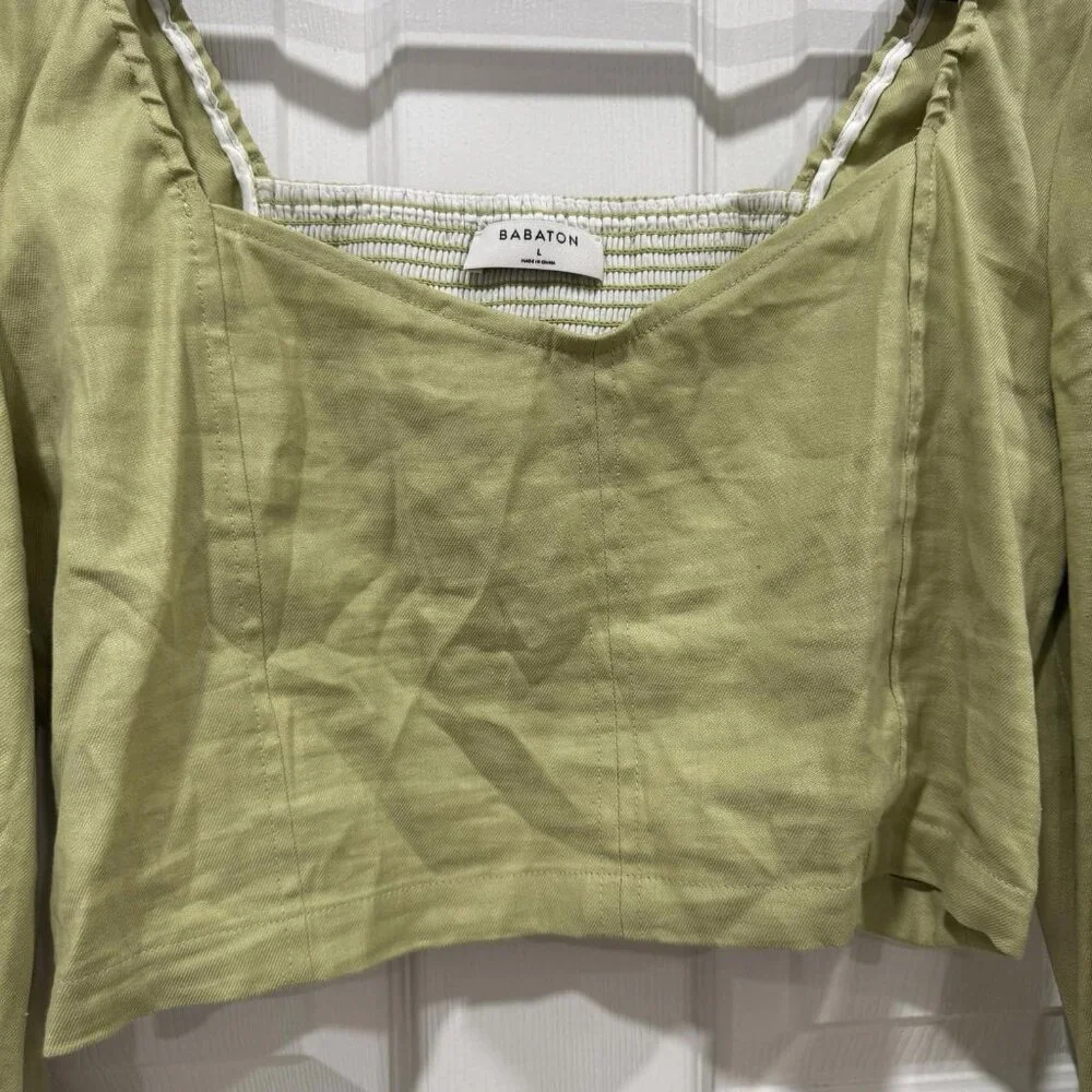 Babaton Hadwyn Rare Pistachio Green Crop Top Puff Sleeve‎ Size Large Linen Blend